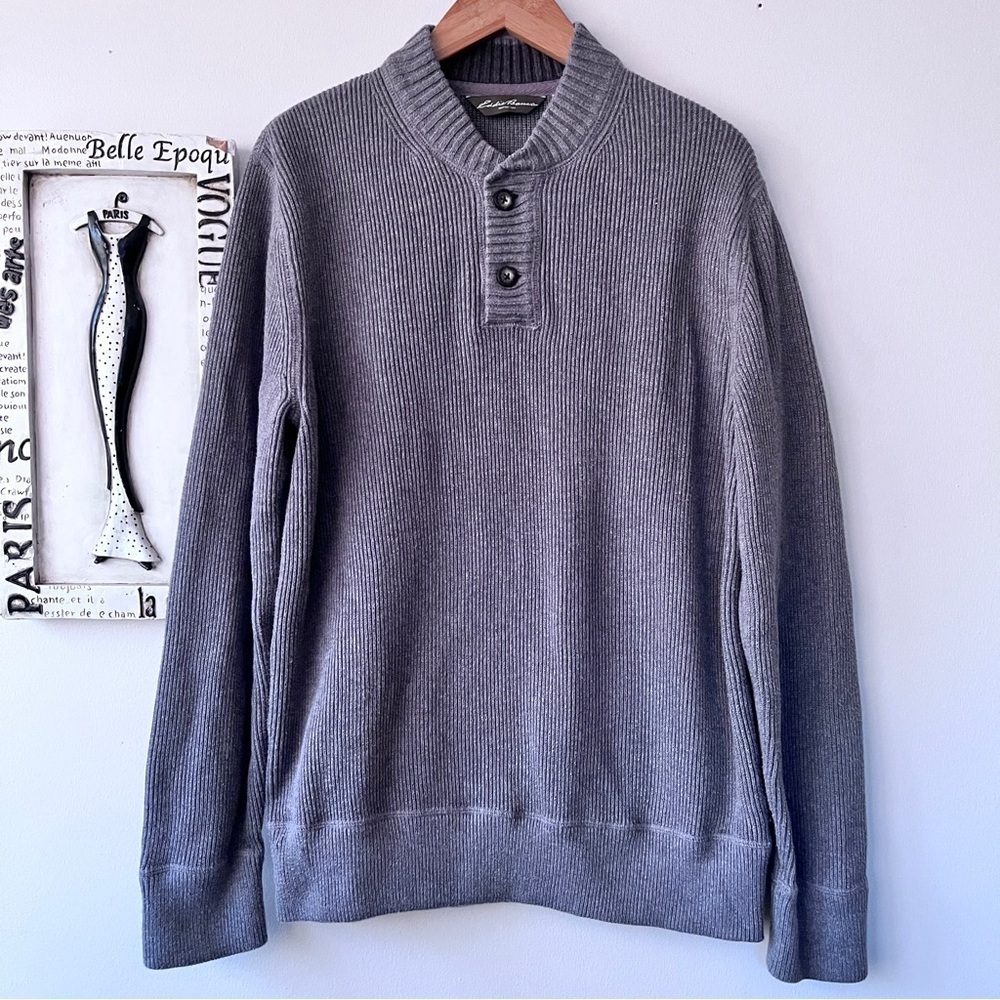 Eddie Bauer Men’s Casual Gray Cotton Ribbed Knit Two Button Sweater Size L